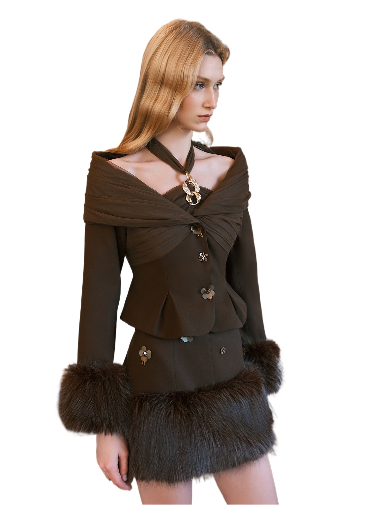 Vixen Faux Fur Halter Floral Dress Set - CHINASQUAD