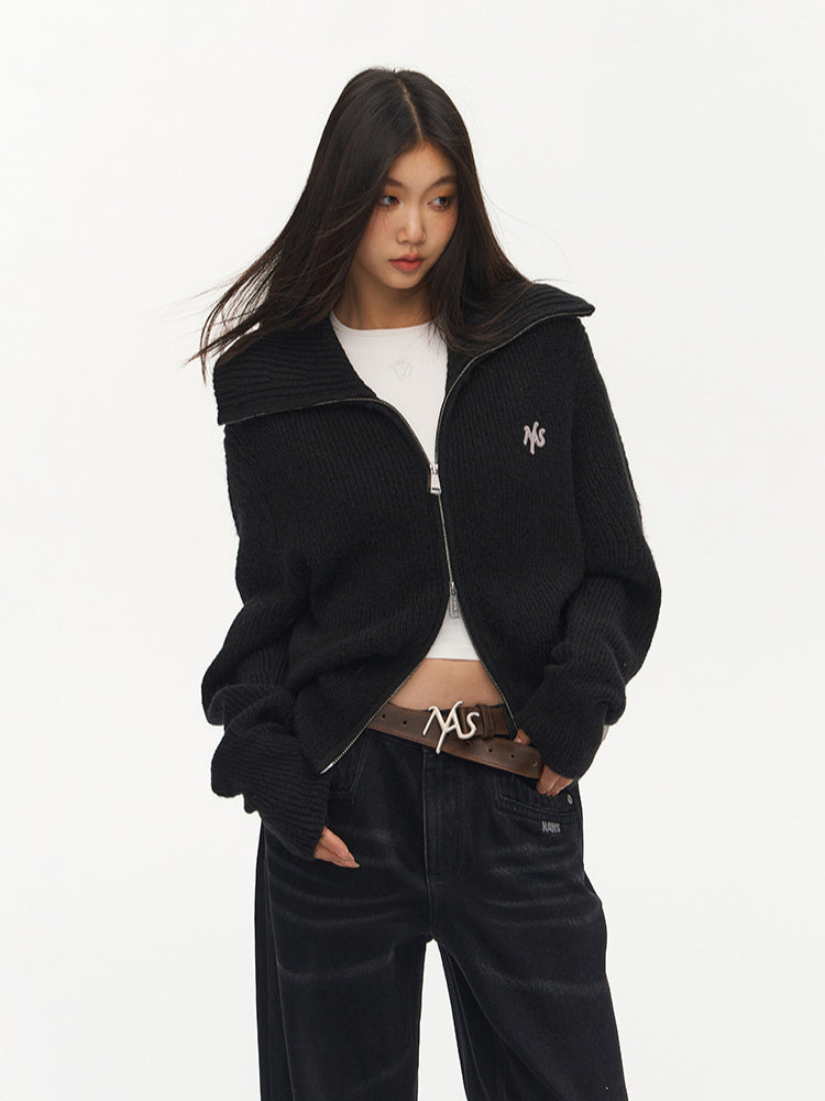 Black Loose Fit Double Zipper Knit Cardigan - CHINASQUAD