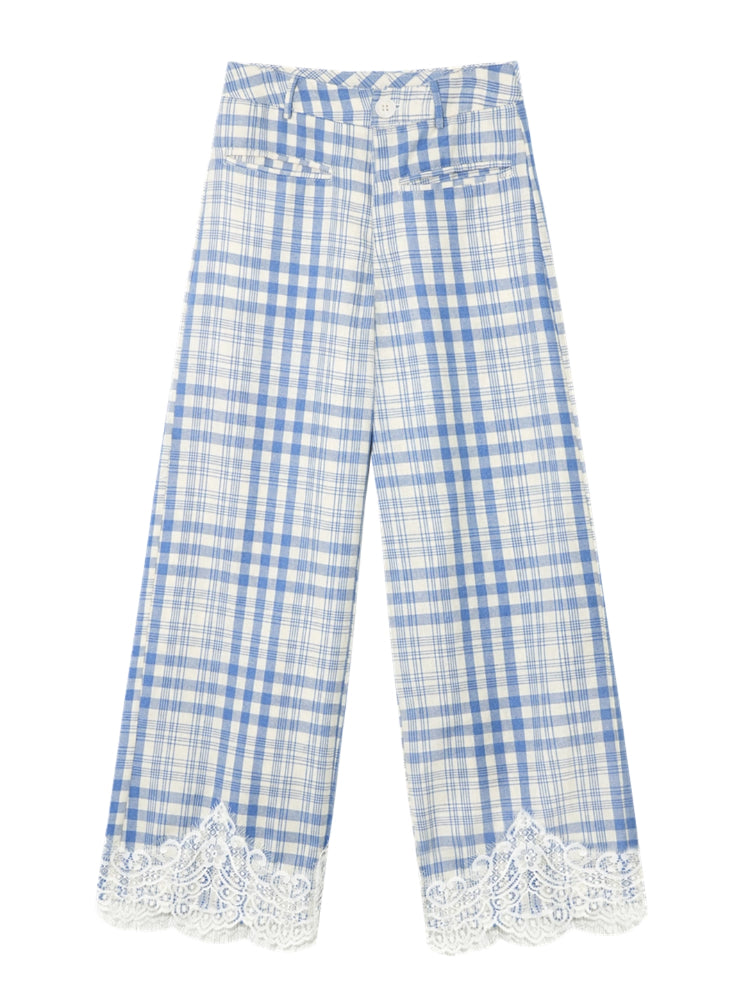 Lace Panel Checked Straight-Leg Pants - CHINASQUAD