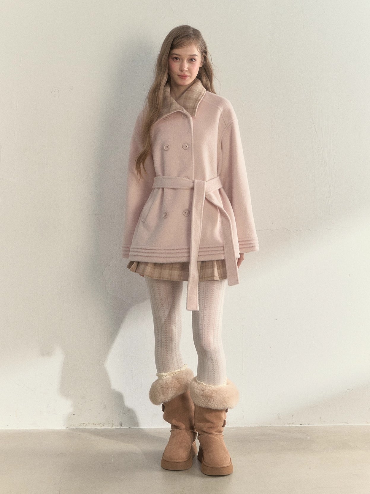 Khaki & Misty Pink Plaid Collar & Belt Wool Coat