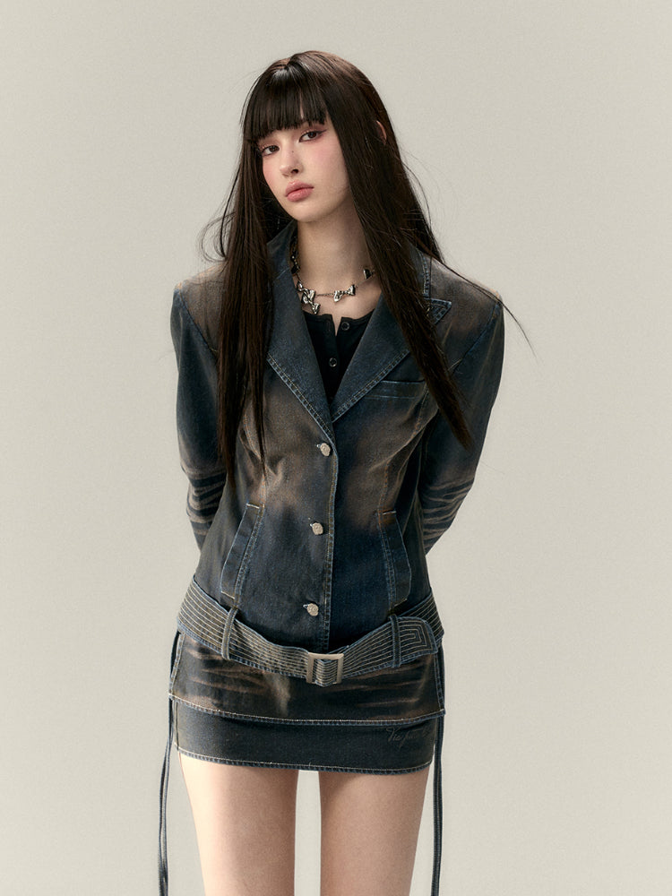(Final Sale) Faux Two-Piece Tie Waist Denim Skirt - CHINASQUAD