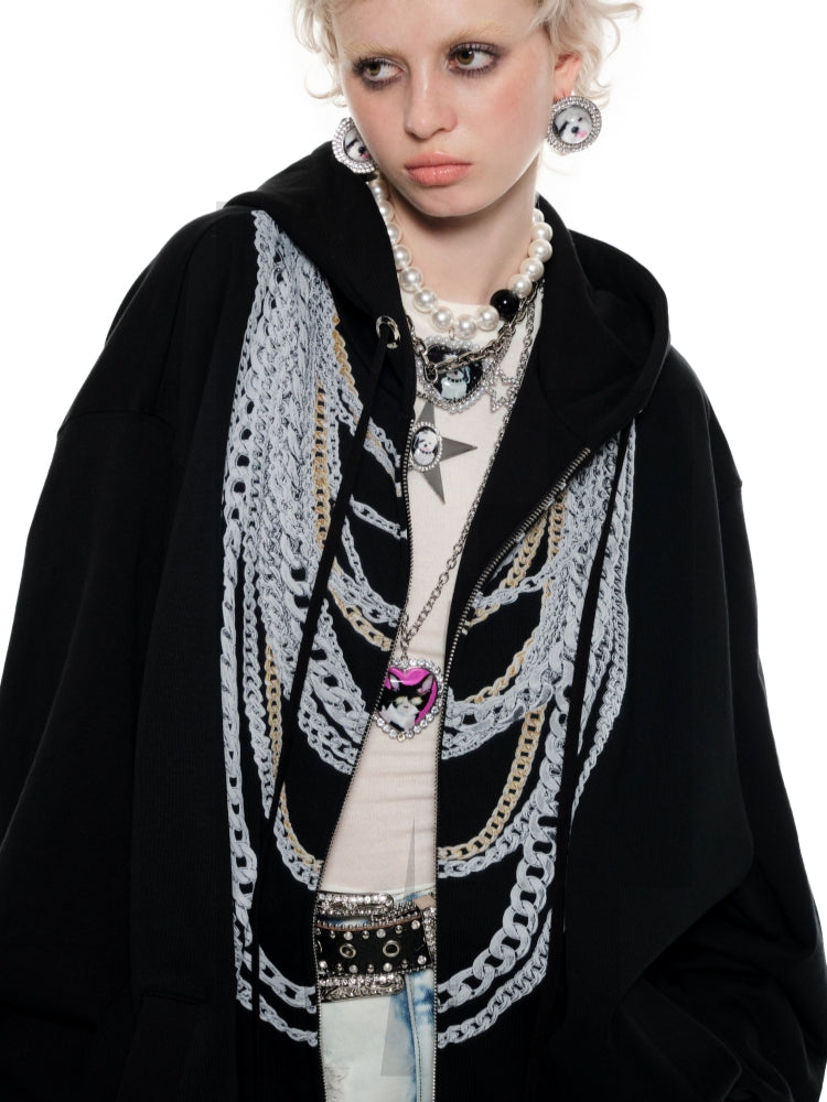 Black & White Oversized Chain Print Hoodie Cardigan - CHINASQUAD