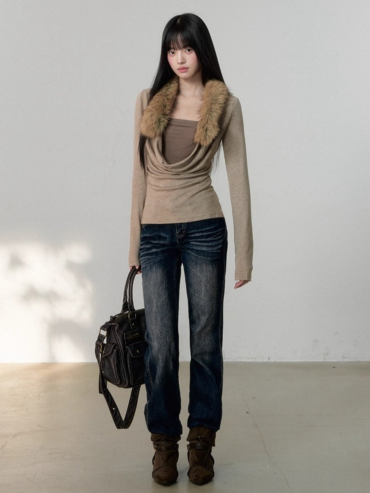 Two-Piece Draped-Collar Knit Crewneck