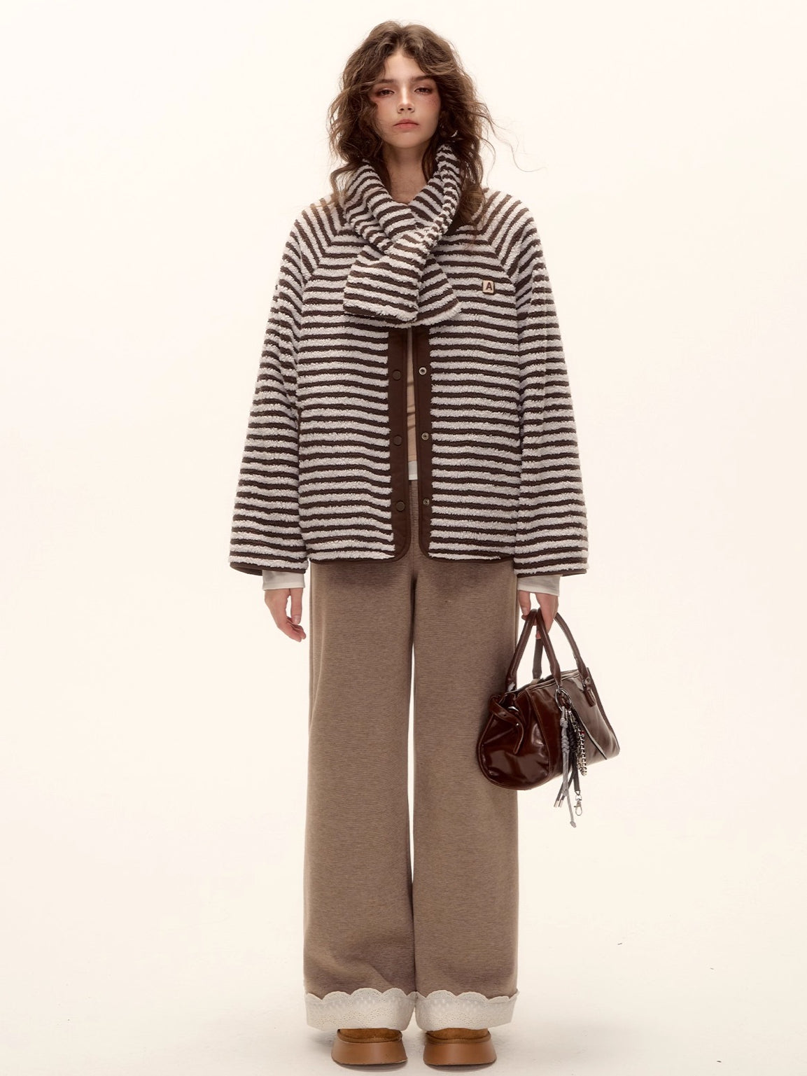 Reversible Striped Faux Scarf Detail Shearling Jacket