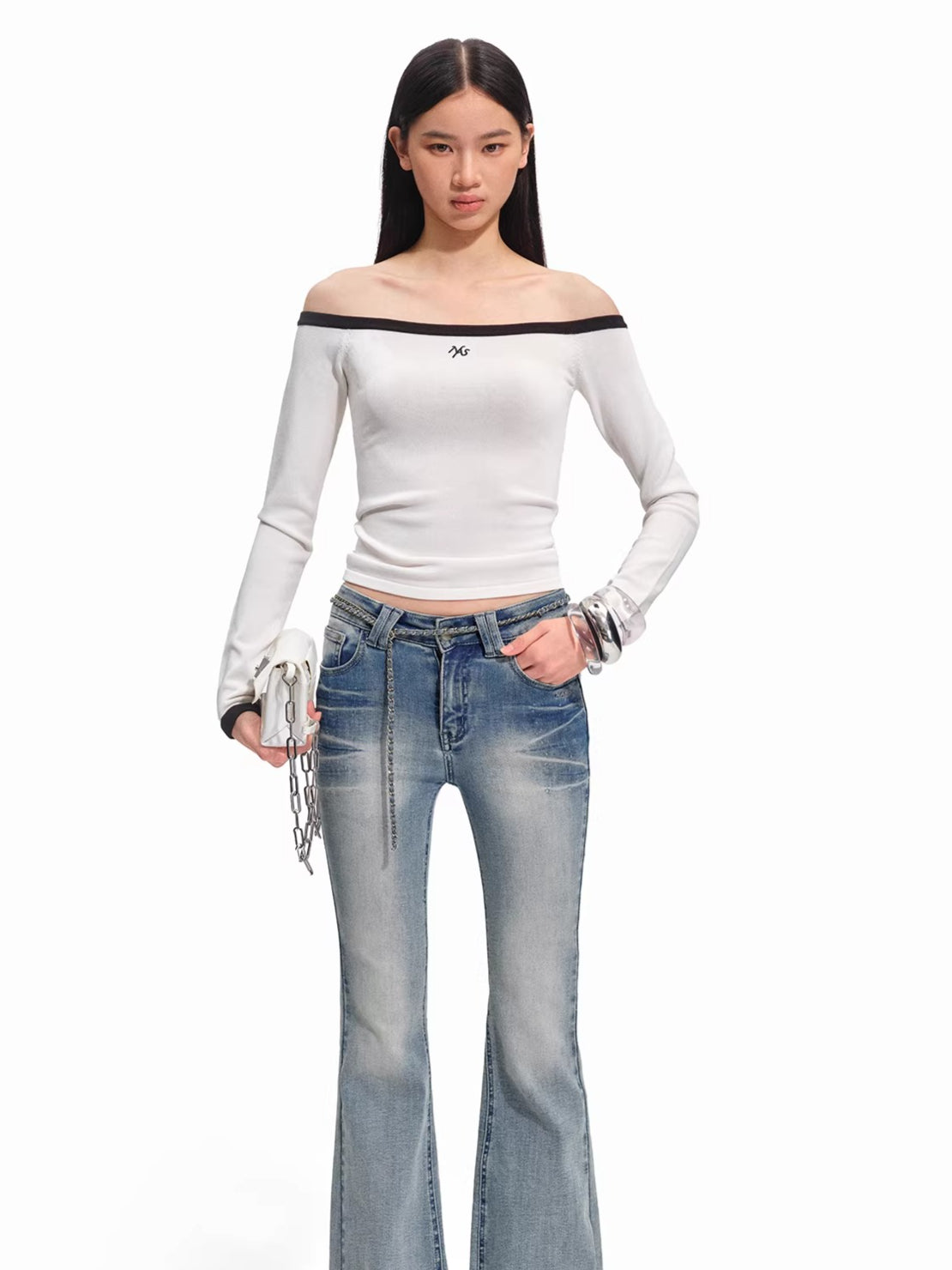 Kelly Off-Shoulder Contrast Knit Crewneck