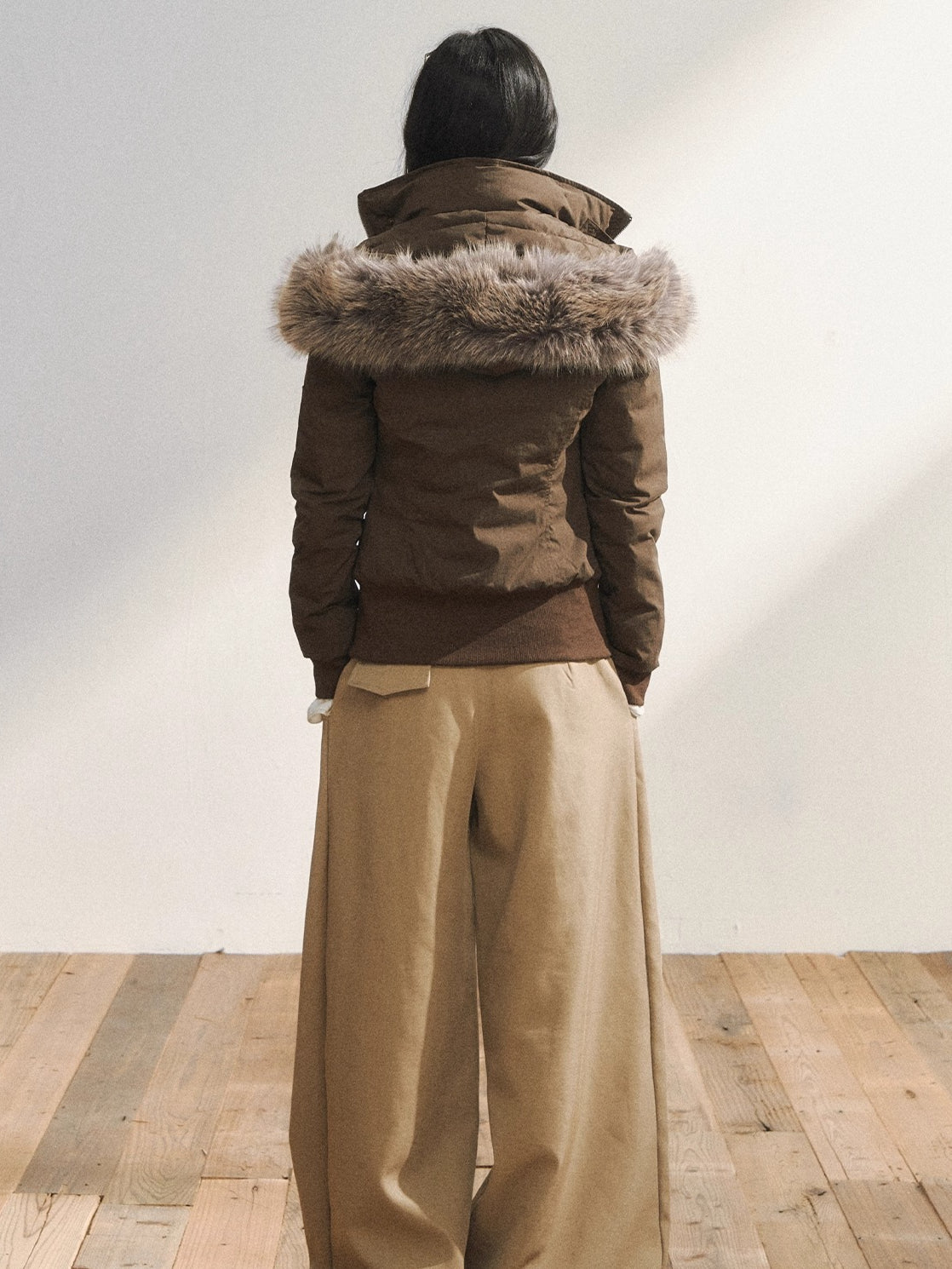 Two-Tone Faux Fur Collar Hooded Duffle Puffer Jacket