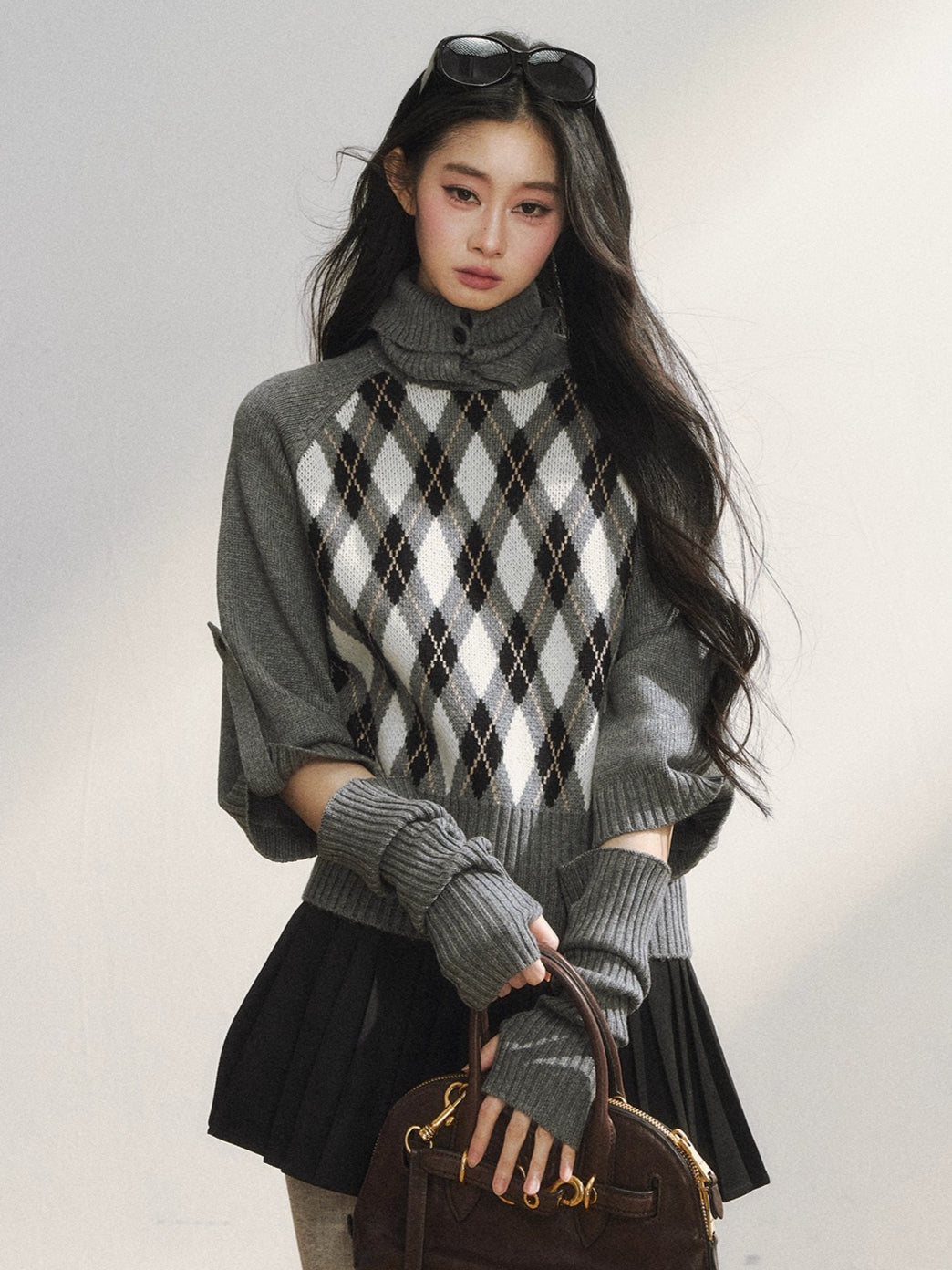 Vintage Argyle Knit Turtleneck Sweater & Skirt Set