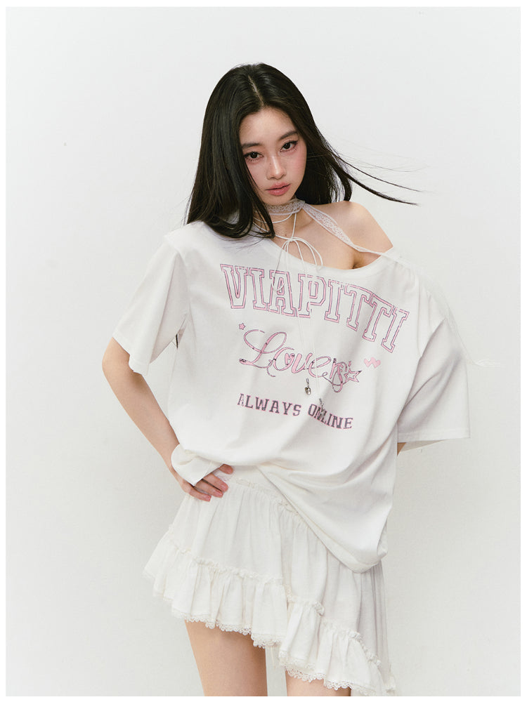 Off-shoulder Letter Hollow-out Spliced T-shirt - CHINASQUAD