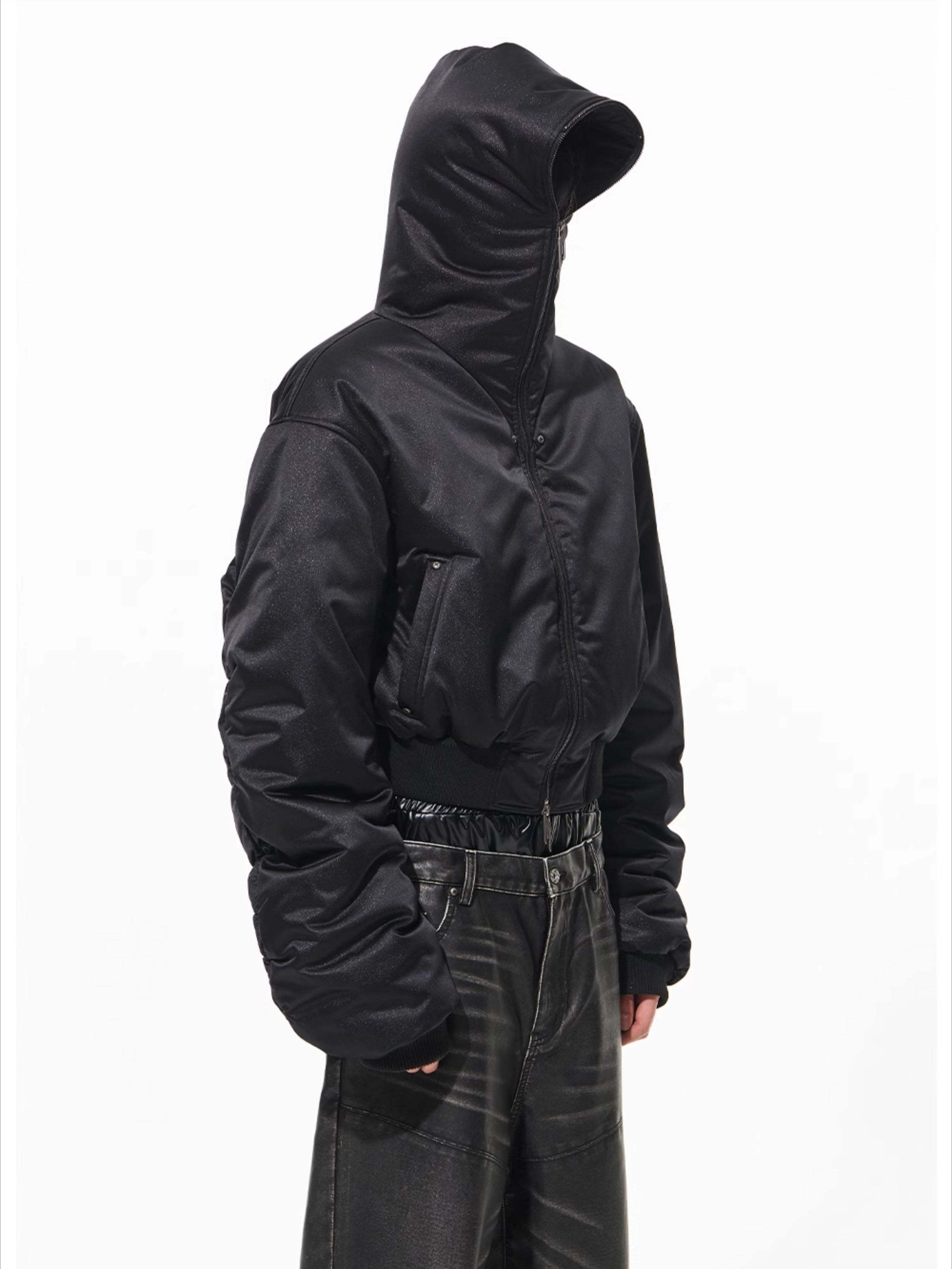 (Final Sale) Black Hooded Shimmer Logo Studded Puffer Jacket - CHINASQUAD