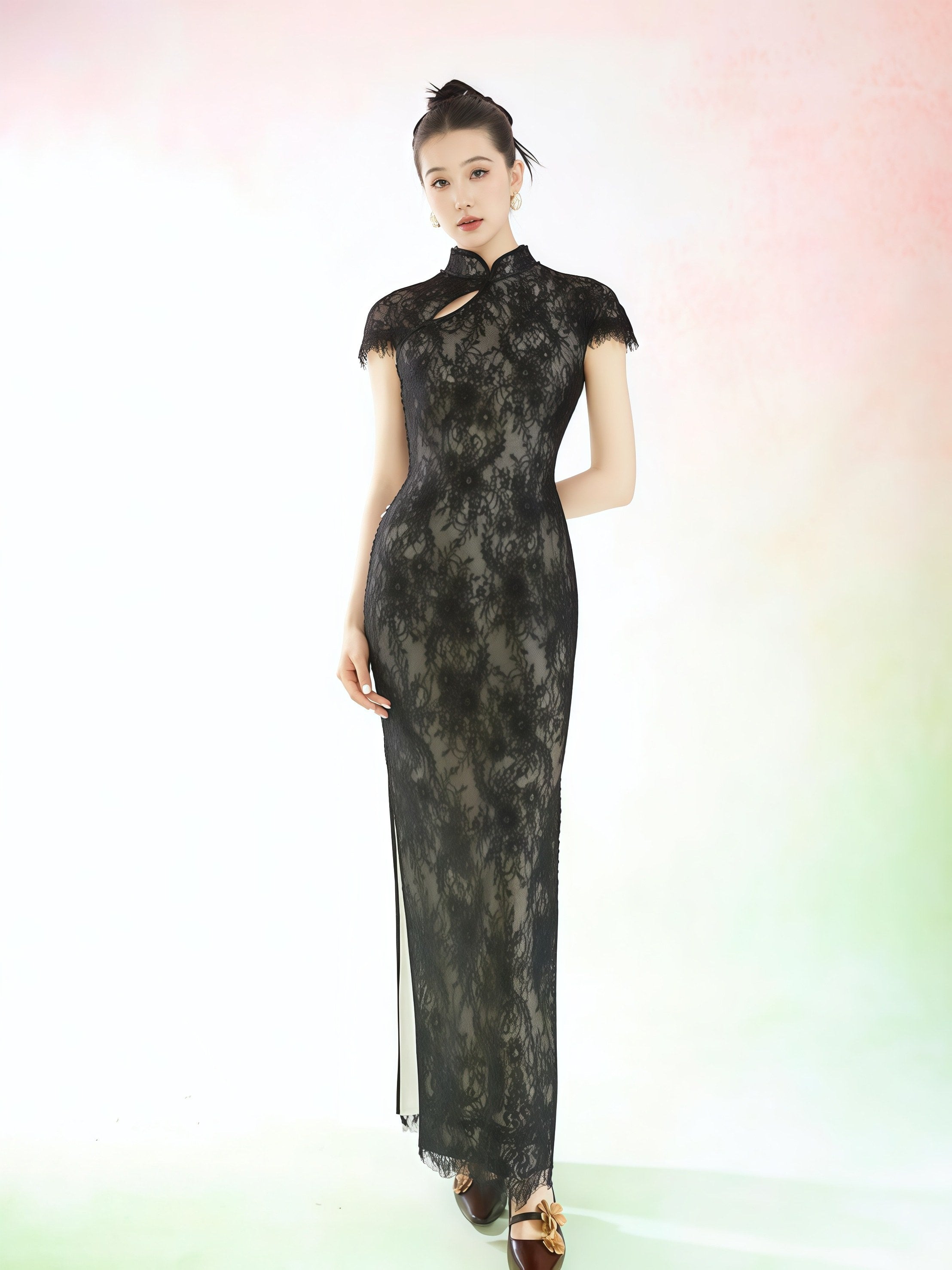 Black Lace Mandarin Collar Cheongsam Dress