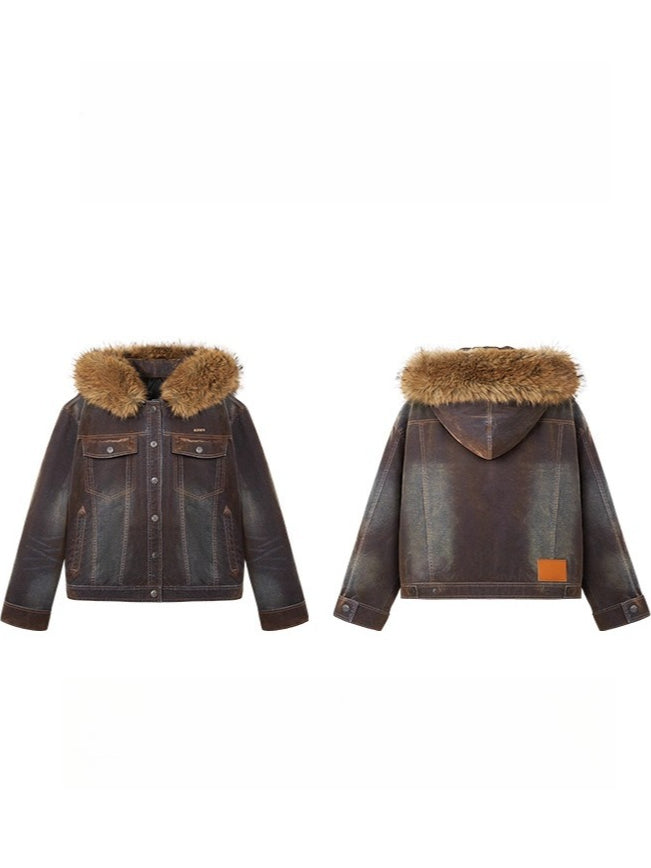 Ross Oversized Washed Eco Fox Fur Collar Denim Jacket