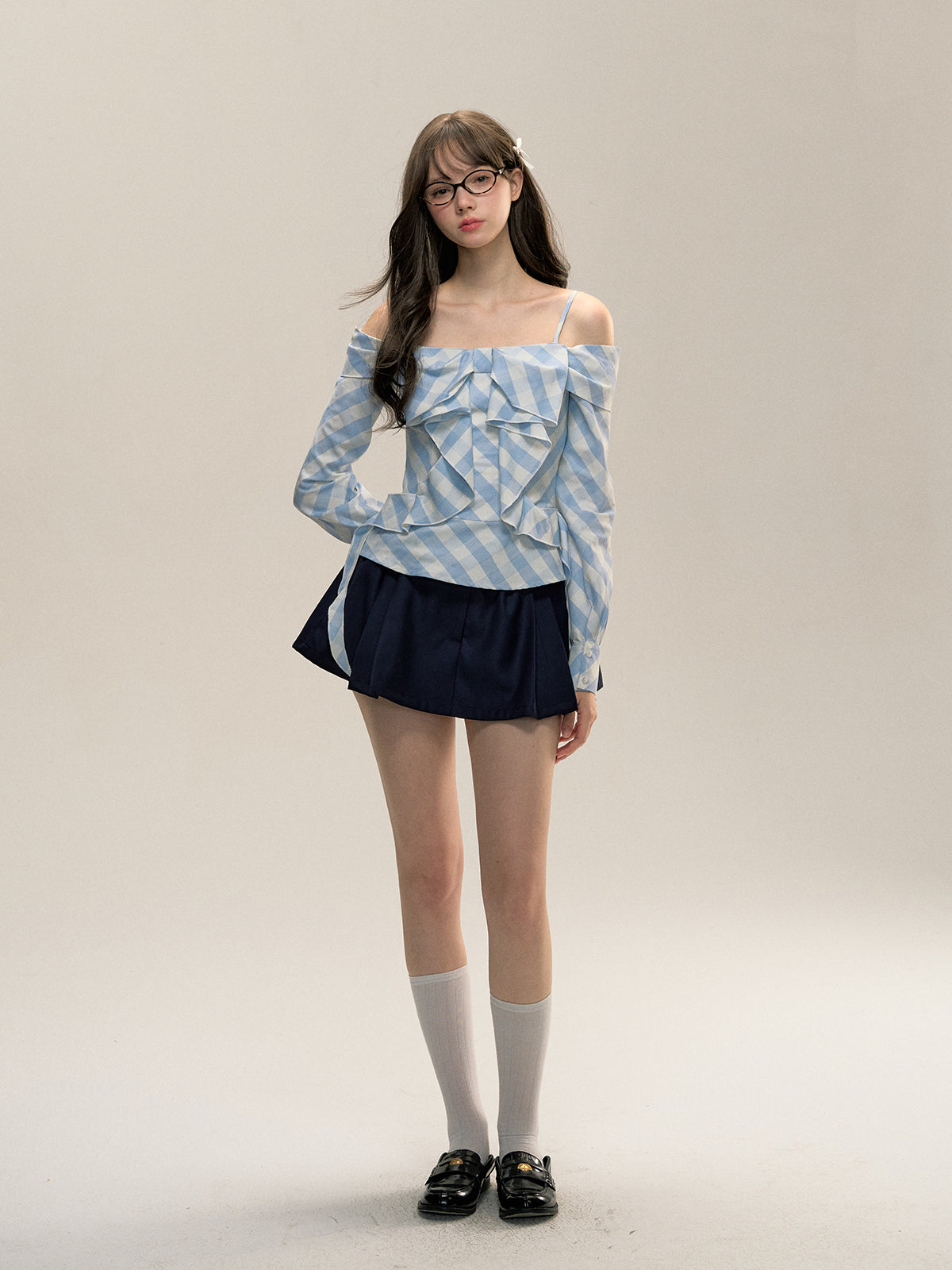 Blue Checkered Detachable Sleeve Off-shoulder Shirt - CHINASQUAD
