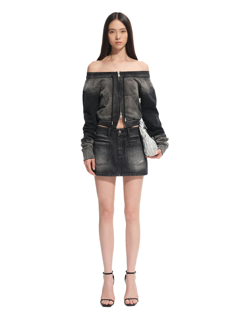 Washed Slim-Fit One-Shoulder Zip-up Sweatshirt - CHINASQUAD