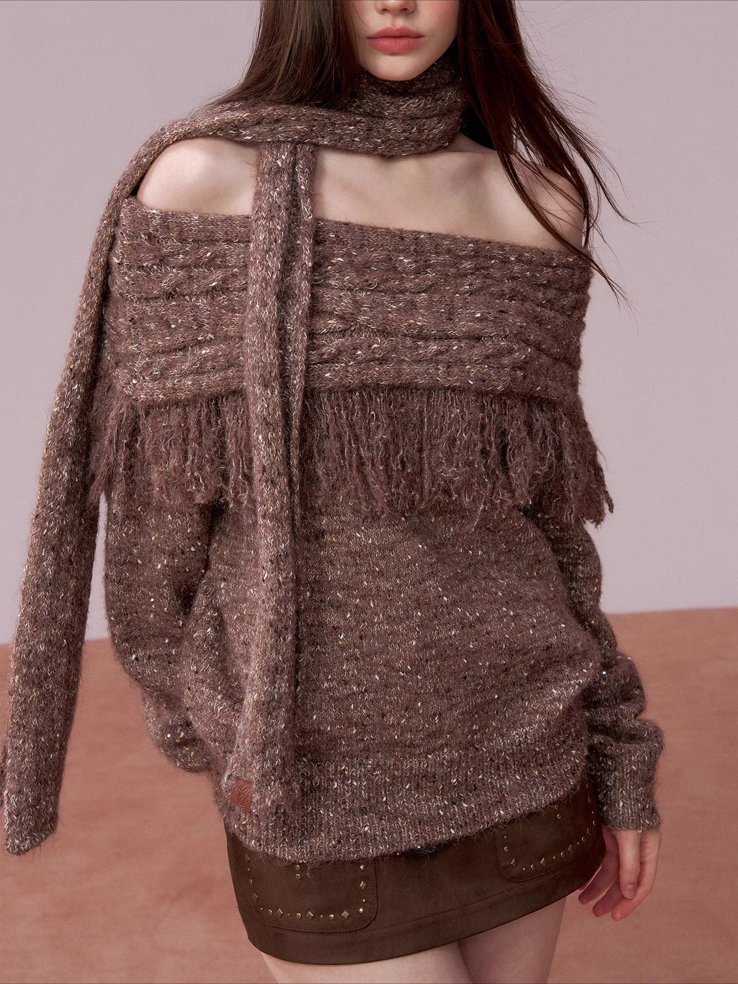 Fringe Knit Sweater & Scarf Set