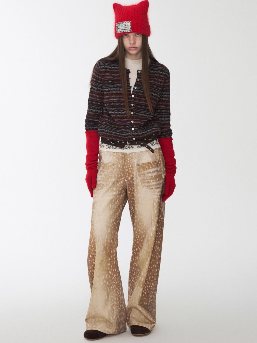 Vintage Deer Print Curved-Leg Canvas Pants