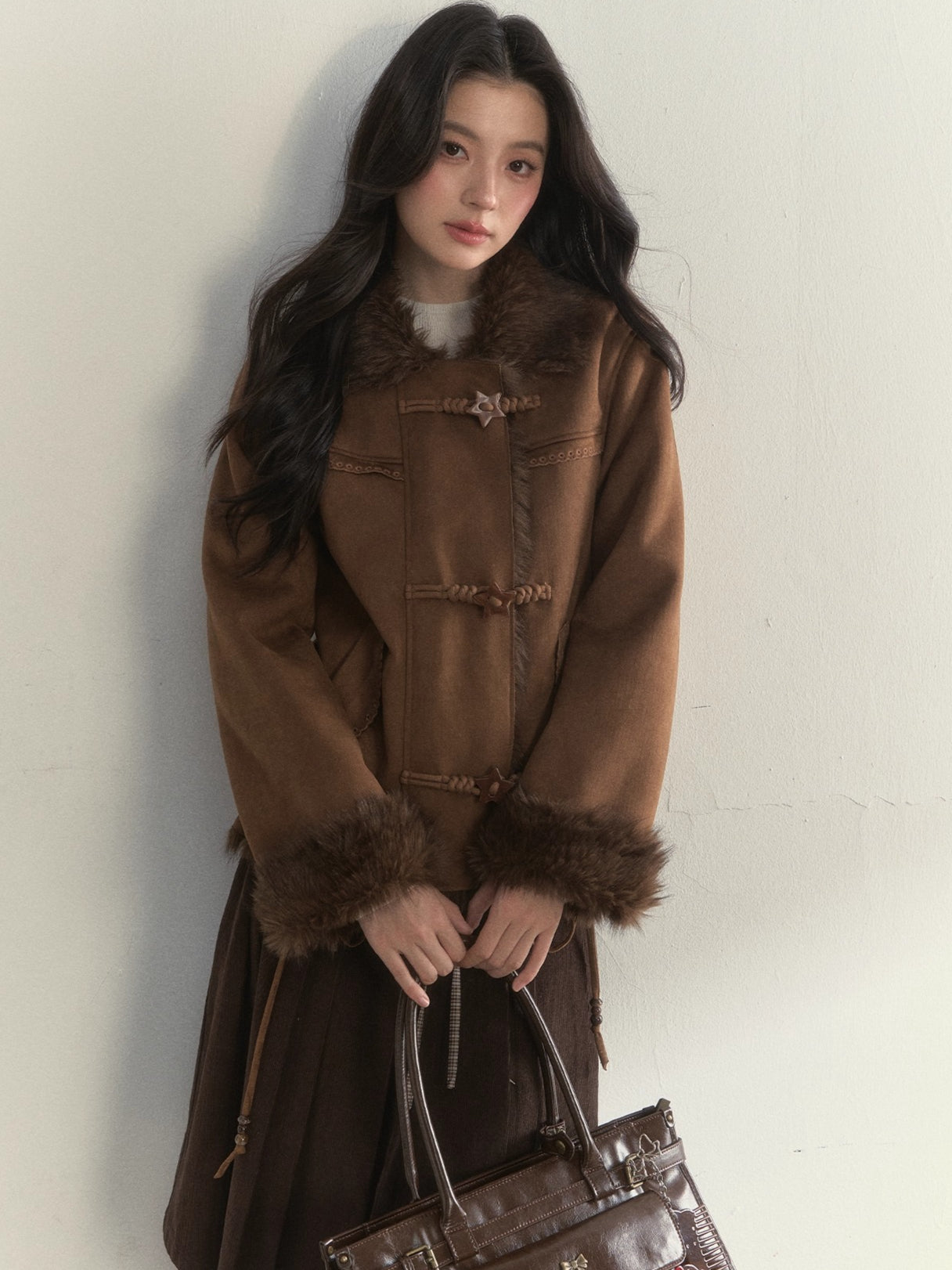 Oak Brown Suede Embroidered Shearling Jacket