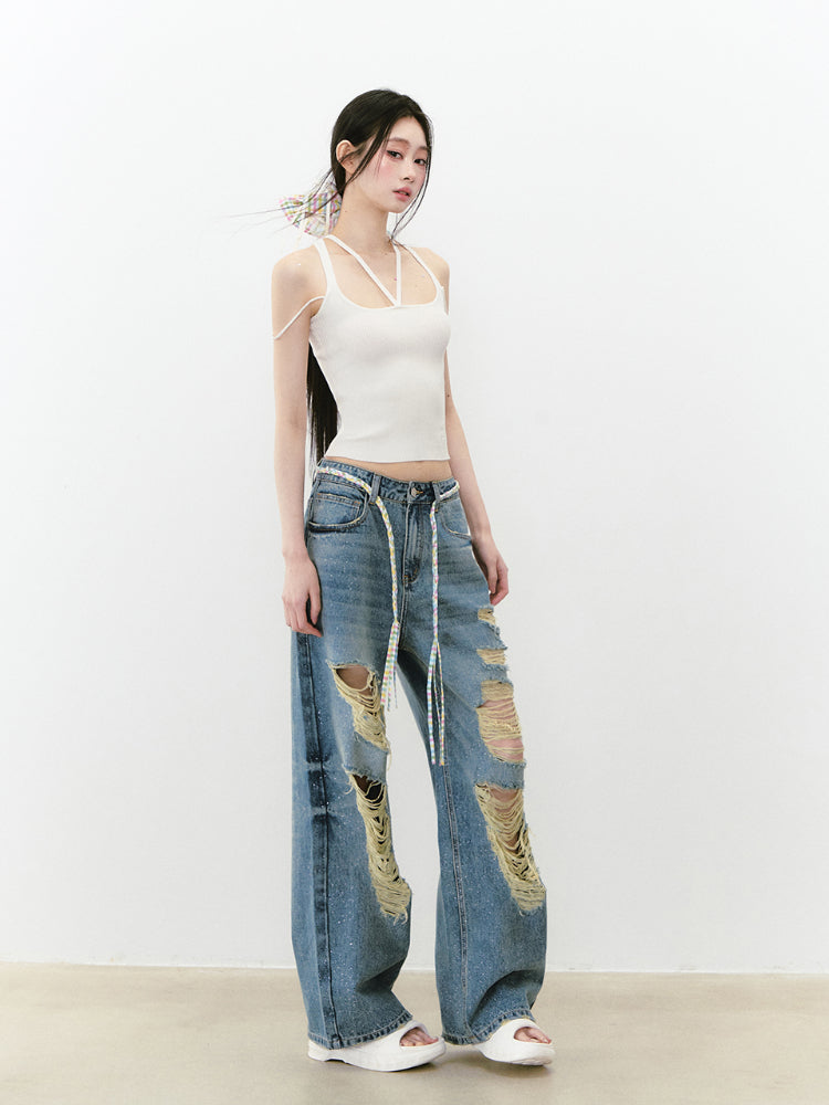 Blue Sparkly Ripped Jeans - CHINASQUAD