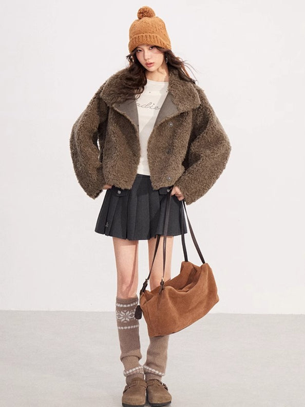 Shearling-Trim Stand-Collar Cropped Jacket