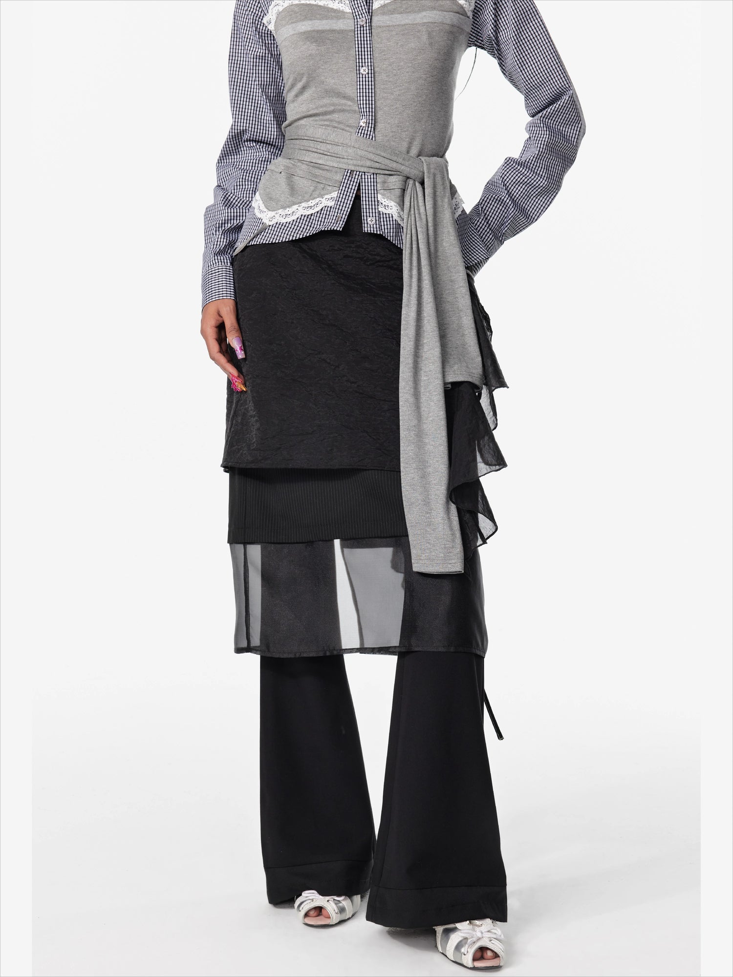 Layered Mesh Tie-Up Midi Skirt - CHINASQUAD
