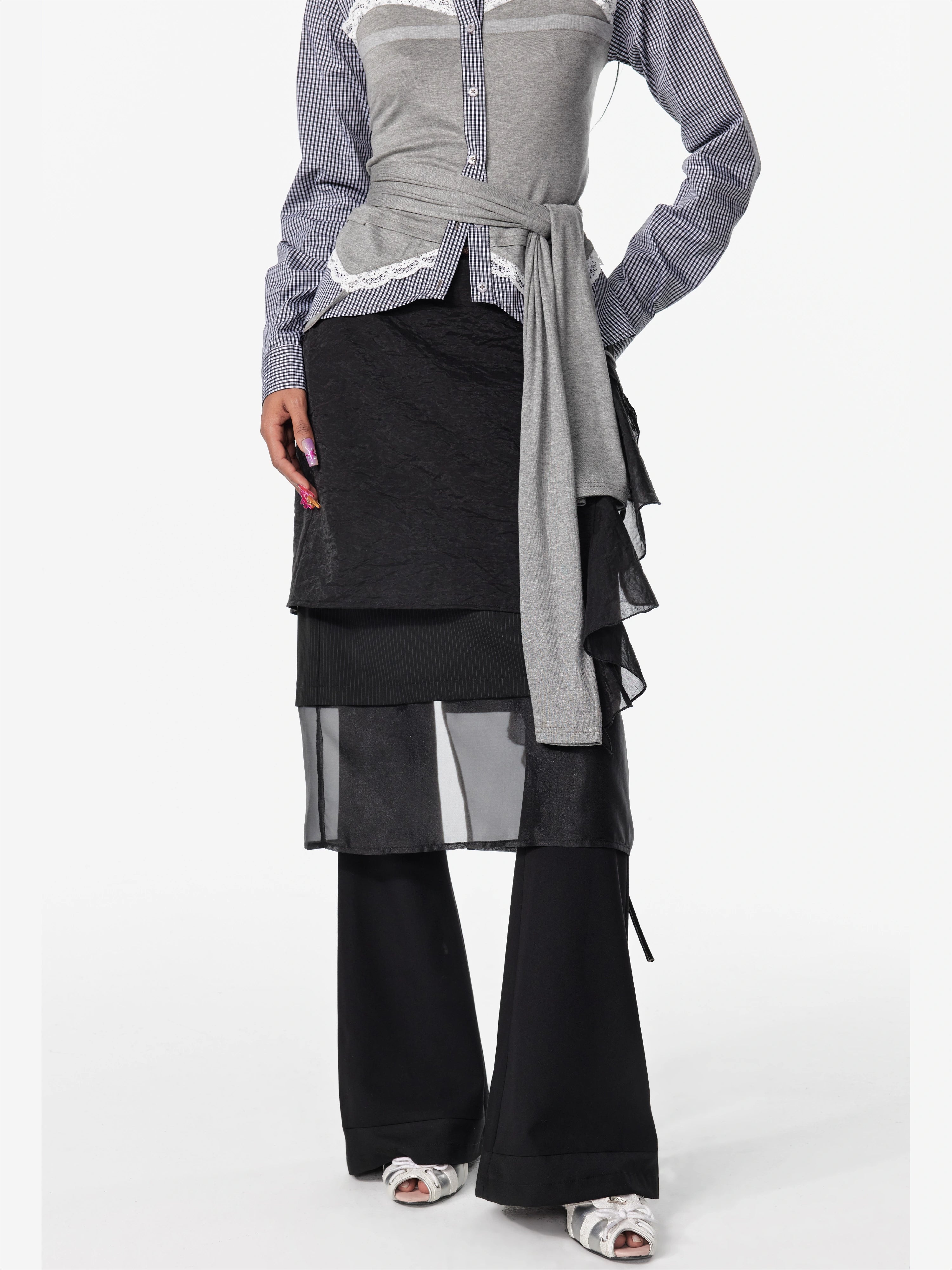 Layered Mesh Tie-Up Midi Skirt - CHINASQUAD