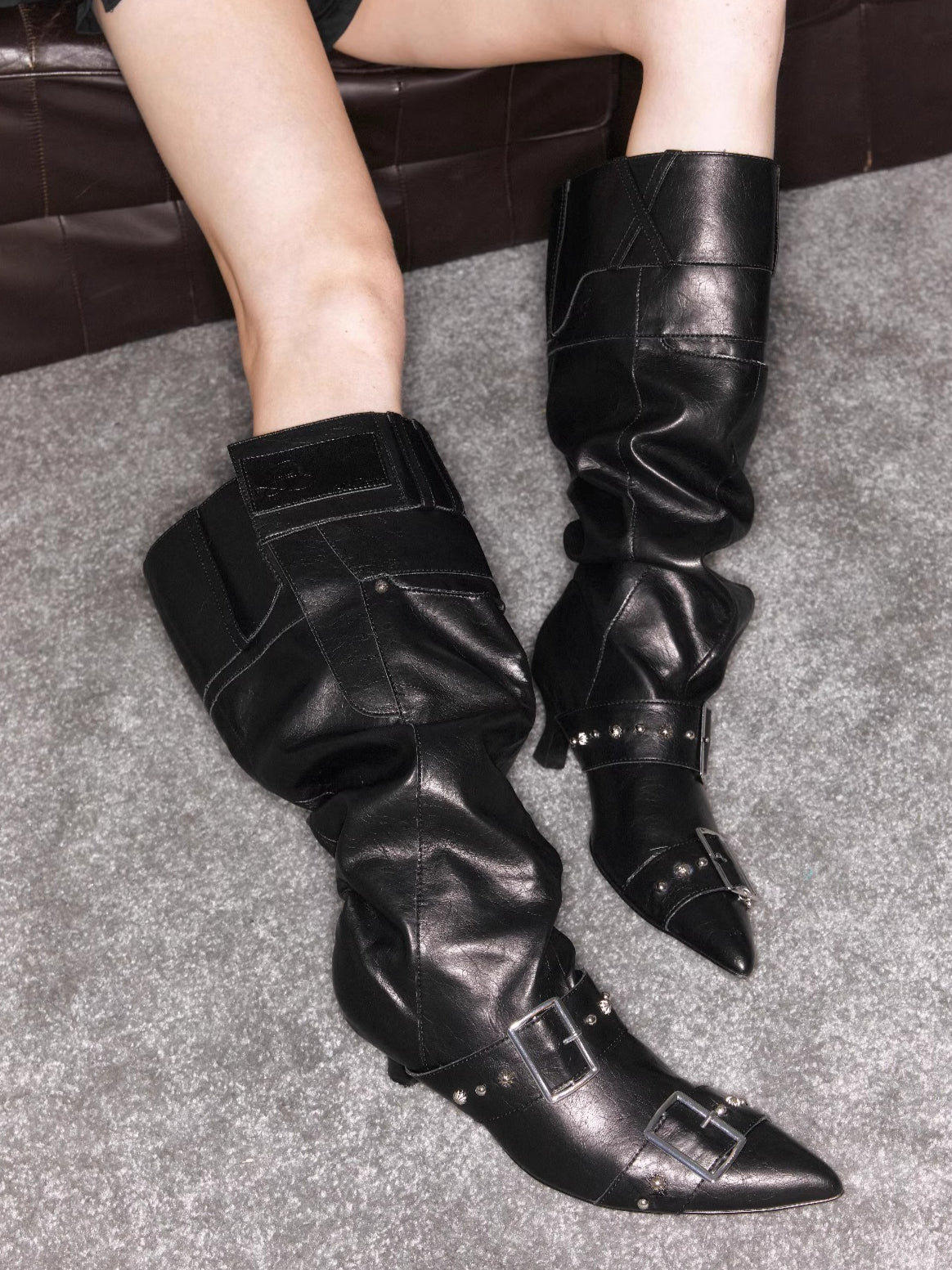 Distressed PU Knee-High Slouch Boots