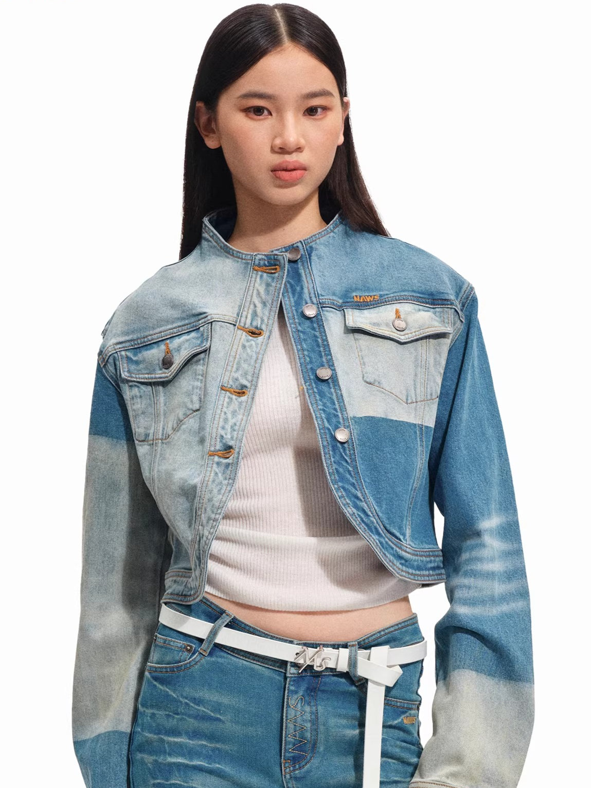 Equestrian Contrast Panel Washed Denim Jacket