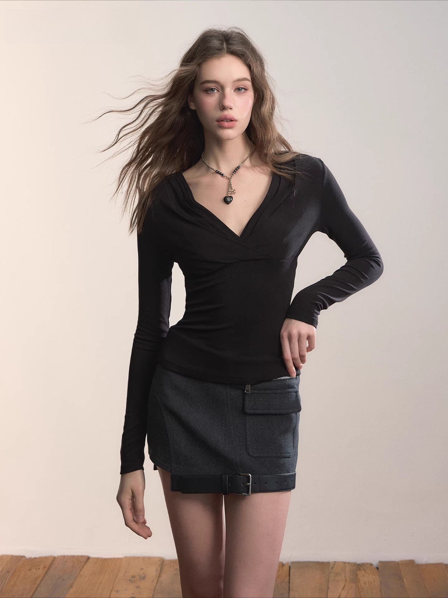 Ruched V-Neck Tencel Slim-Fit Sweater