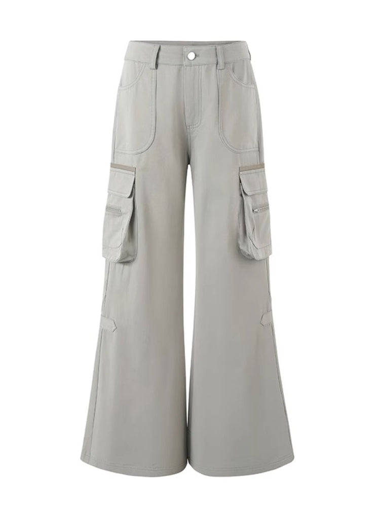 Gray-Green 3D Pockets Cargo Zipper Flare Pants