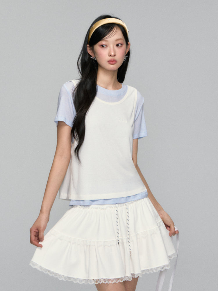 High-waisted Drawstring Lace-spliced Tiered Skirt - CHINASQUAD
