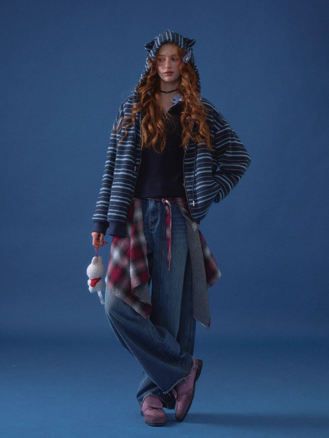 Striped Plush Cat-Ear Zip-up Hoodie - CHINASQUAD