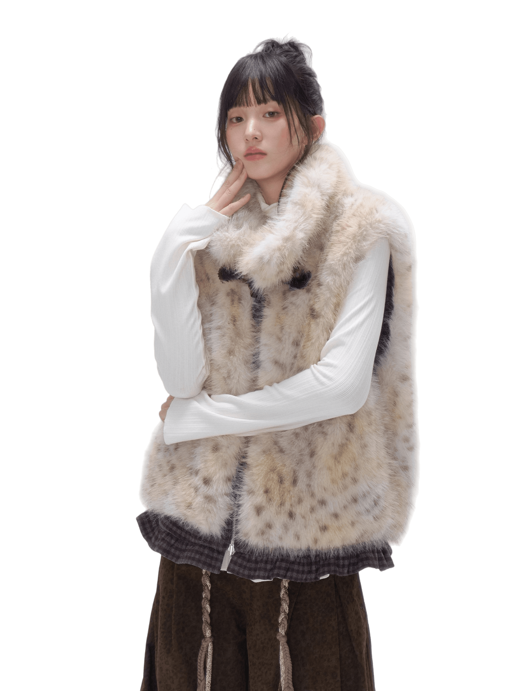 Faux Fur Leopard-Panel Lace-Trim Vest