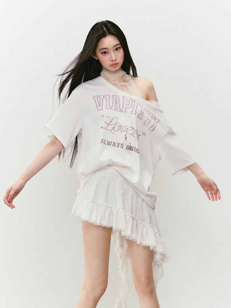 Off-shoulder Letter Hollow-out Spliced T-shirt - CHINASQUAD