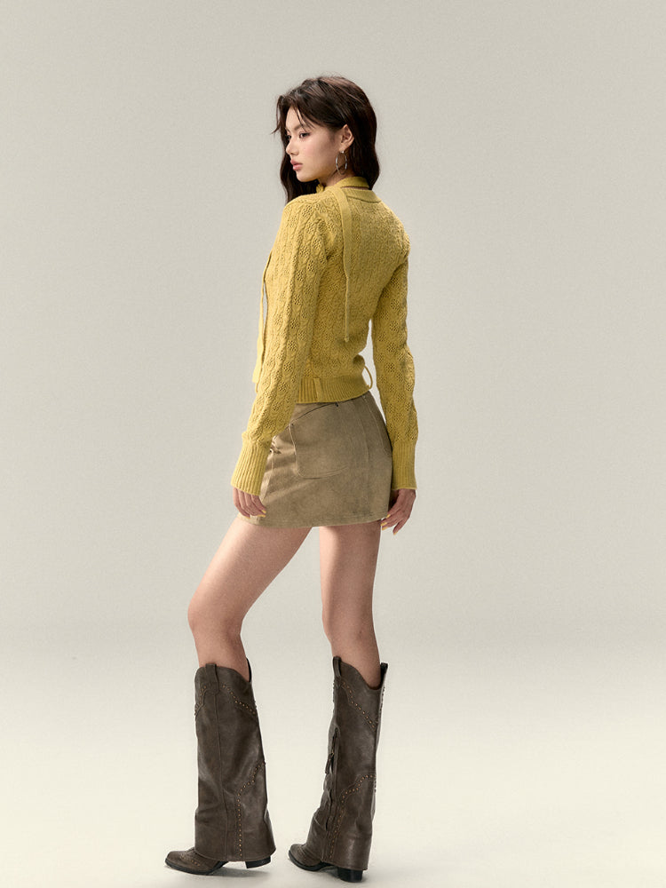 Belted Hollow Out Knit Sweater - CHINASQUAD