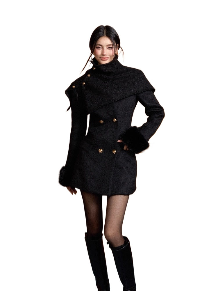 Short Slim Wool Coat with Detachable Faux Fur - CHINASQUAD