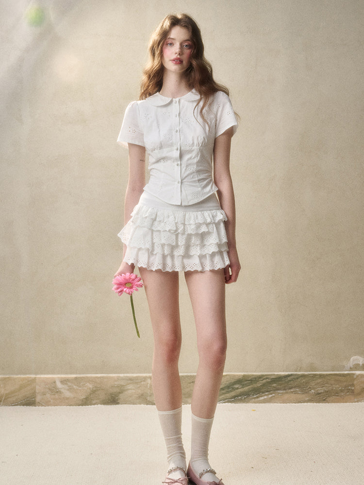 Embroidered Lace Waist Shirt & Skirt Set - CHINASQUAD
