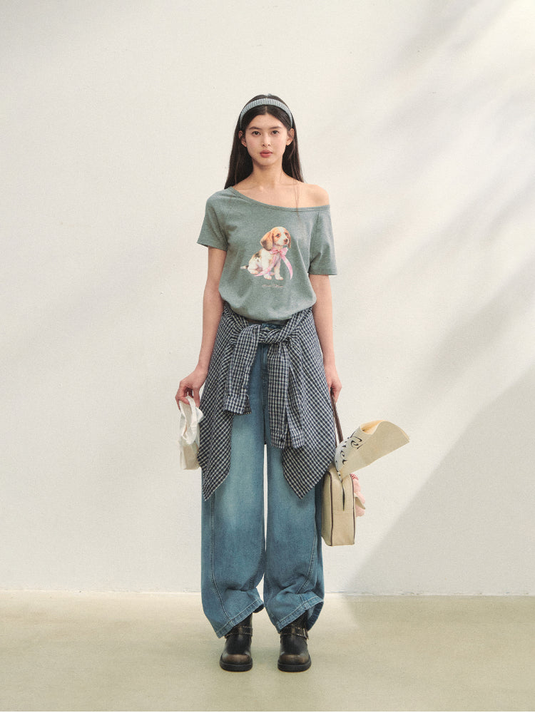 Asymmetric Shoulder Bow Puppy Printed T-Shirt - CHINASQUAD
