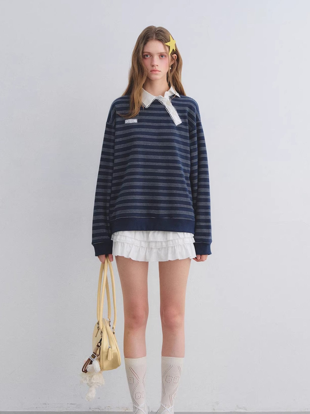 Placket Ruffle Collar Striped Sweatshirt