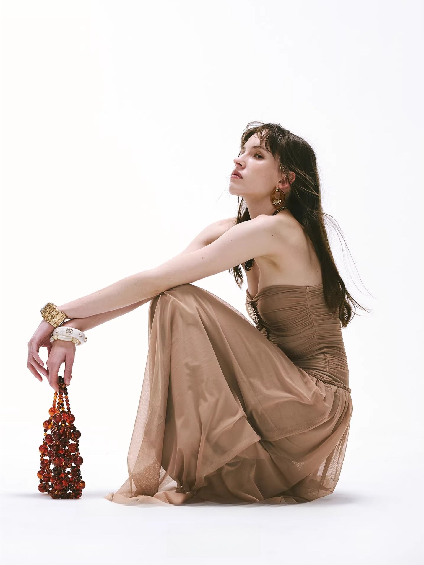 Cool-Goddess Strapless Braided Ruched Maxi Dress