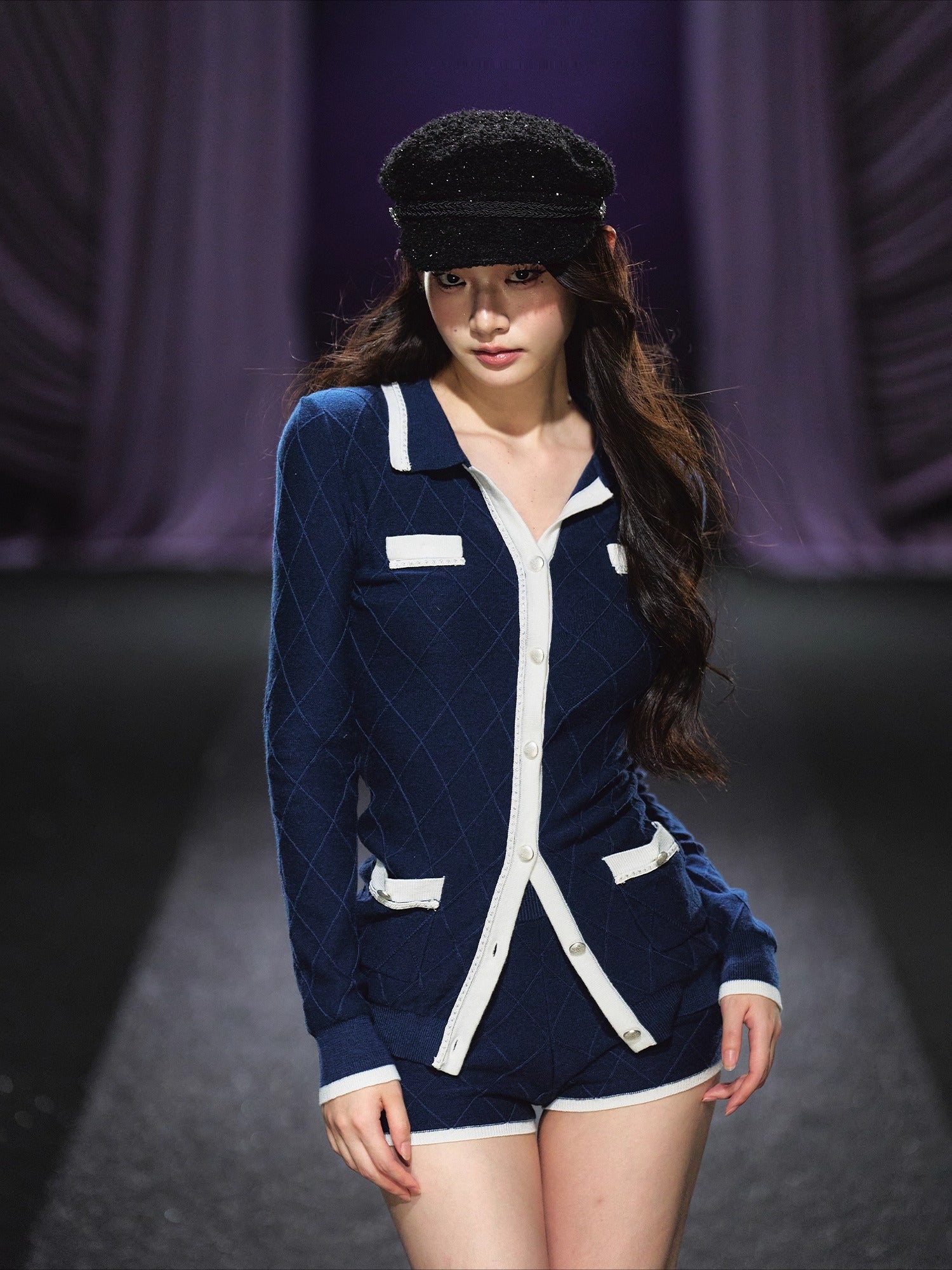 Tweed-Style Diamond Knit Cardigan & Shorts Set - CHINASQUAD