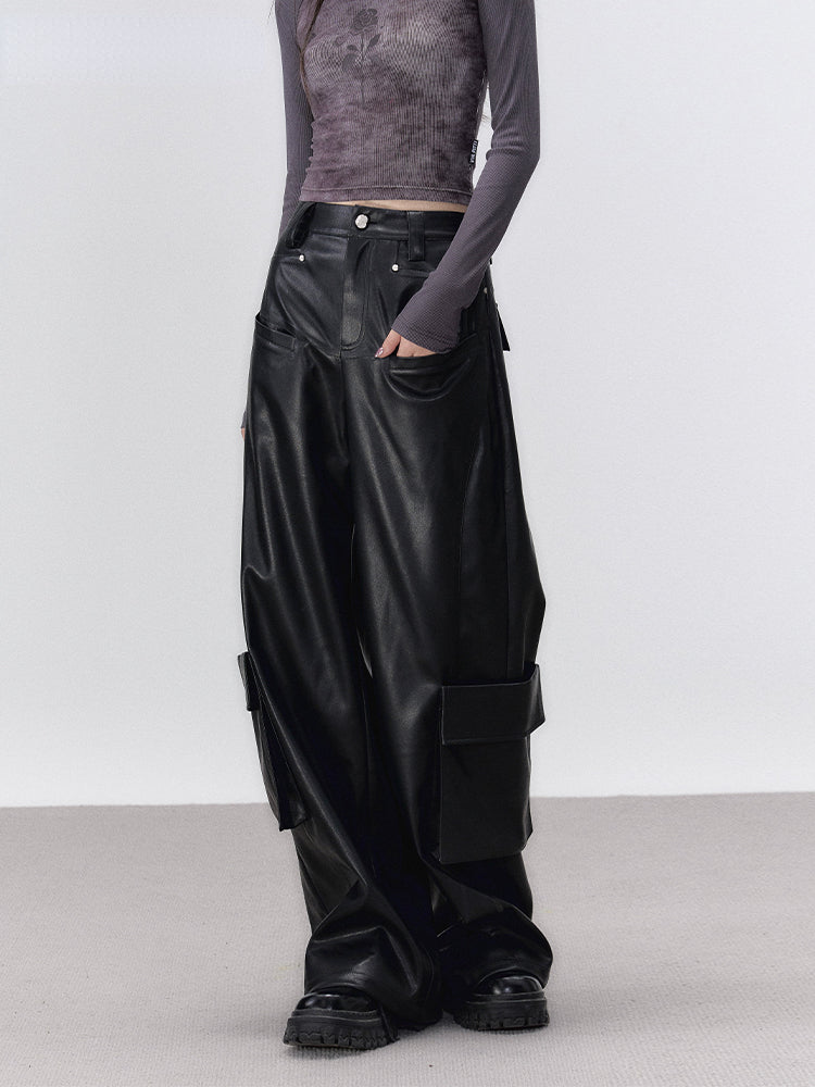 Black Rivet Straight Leather Pants