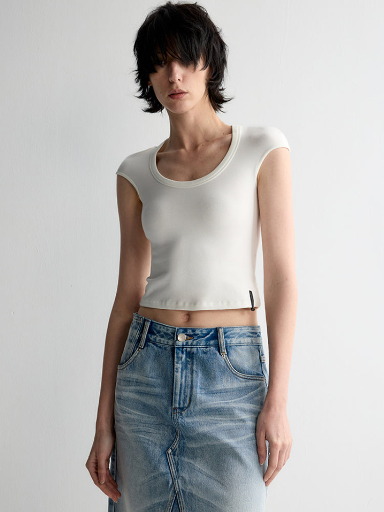 Deep U-Neck Ruffled Short Sleeve T-shirt