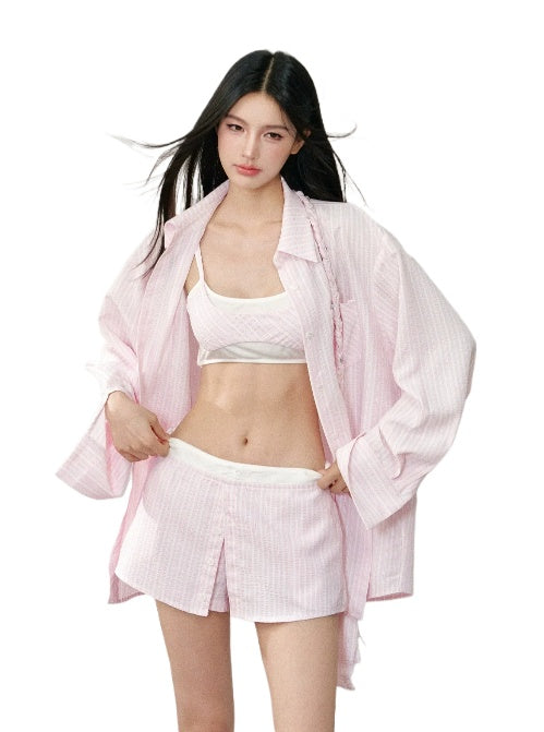 Pink Oversized Striped Shirt - CHINASQUAD