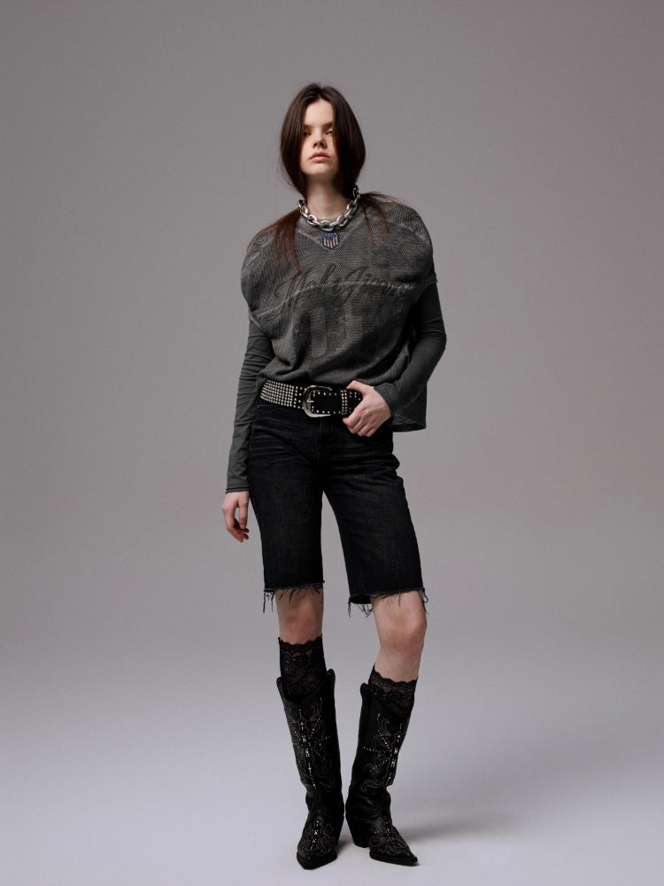 Washed Raw-edge Embroidered Denim Shorts