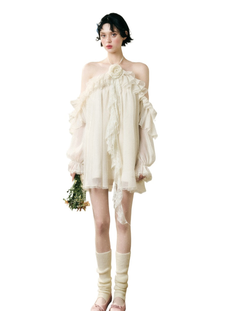 Halter Neck Off-Shoulder Ribbon Dress - CHINASQUAD