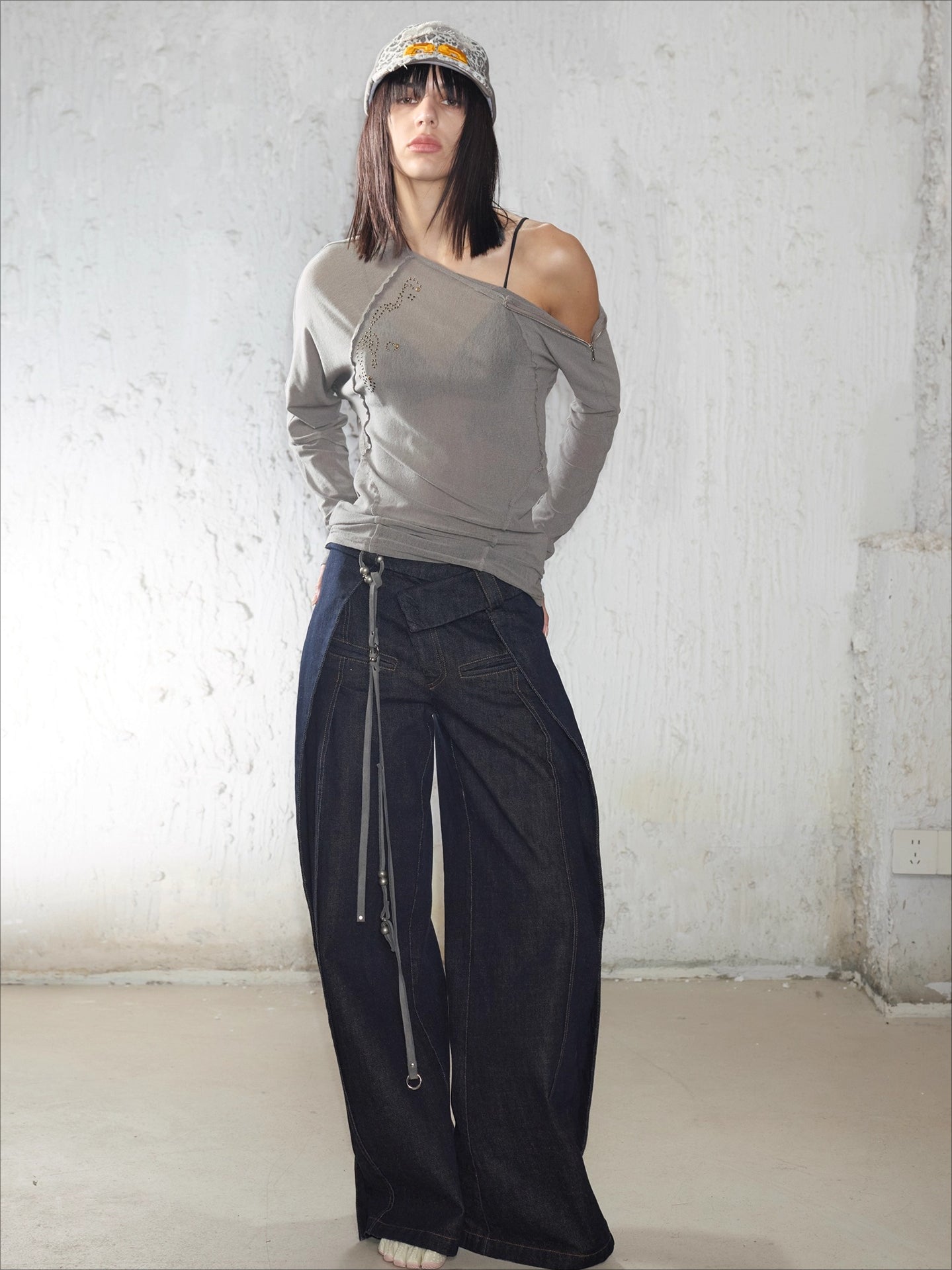 Irregular Folded-Waist Wide-Leg Trousers