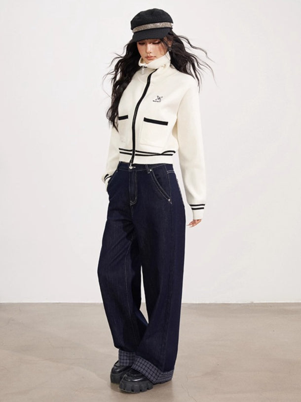 Contrast Trim Zip-Up Sailor Collar Knit Cardigan - CHINASQUAD