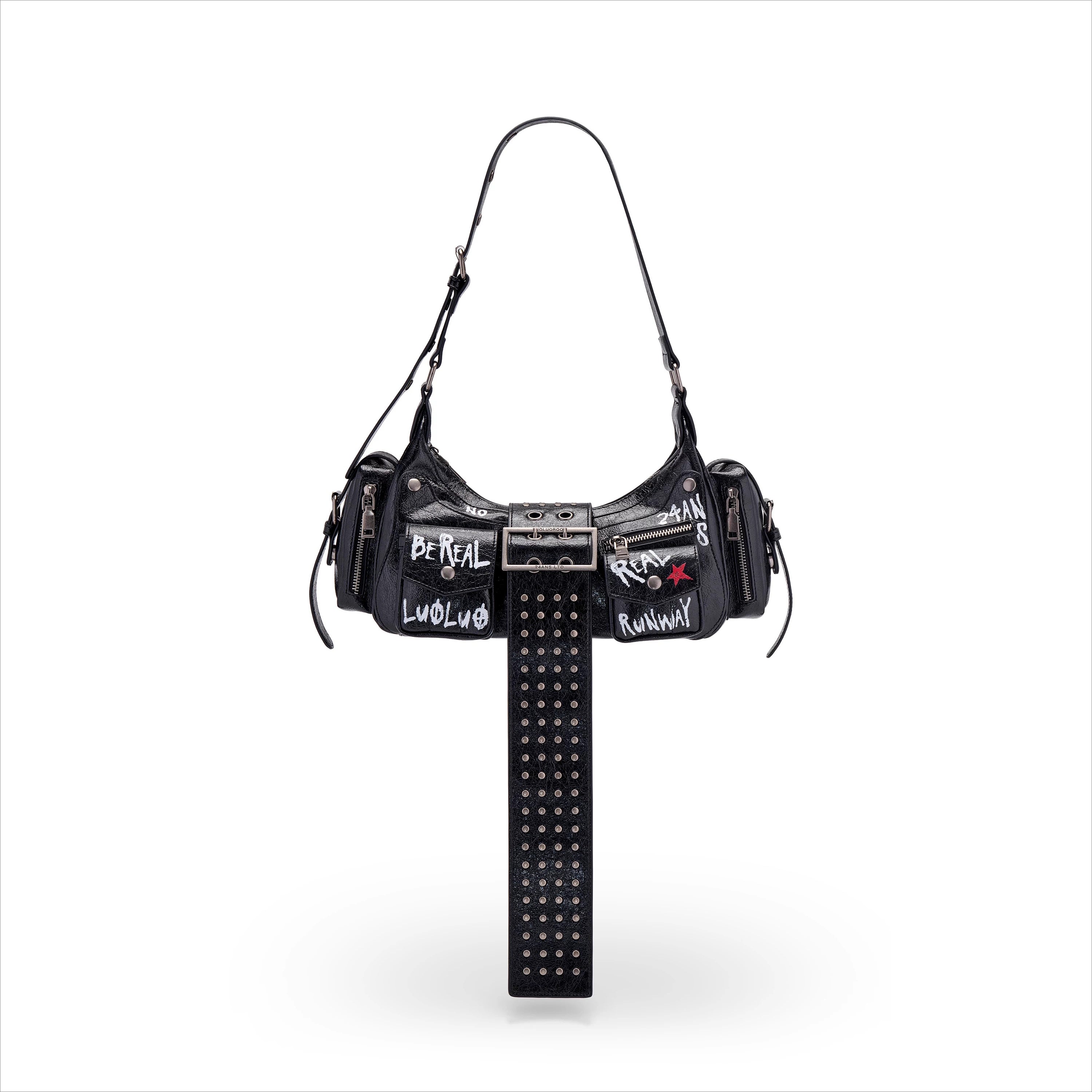 Graffiti-Print PU Cracked-Leather Bag