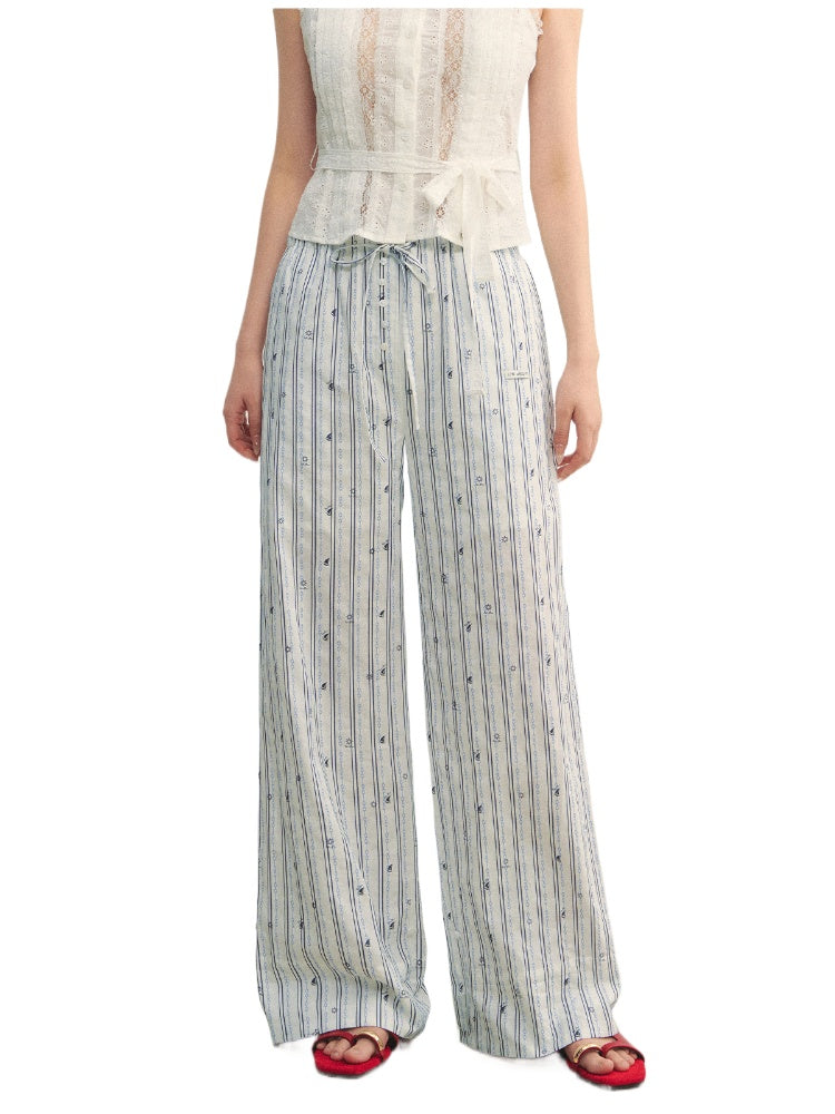 Striped Print Patchwork Embroidery Lace Straight Pants - CHINASQUAD