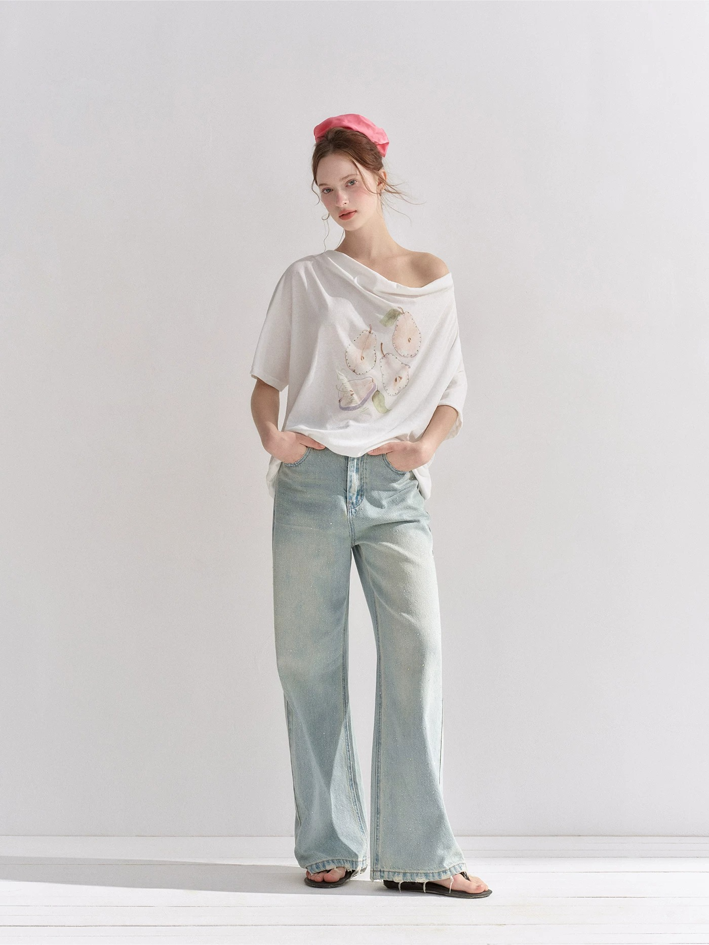 Pear Embellished Draped Off-Shoulder Relaxed T-Shirt