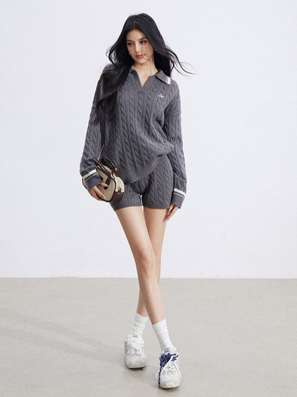 Color-Block Knit Top and Shorts Two-Piece Set